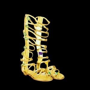 Chanel Leather Knee High Gripoix Embellished ‘CC’ Logo Gold Gladiator Sandals